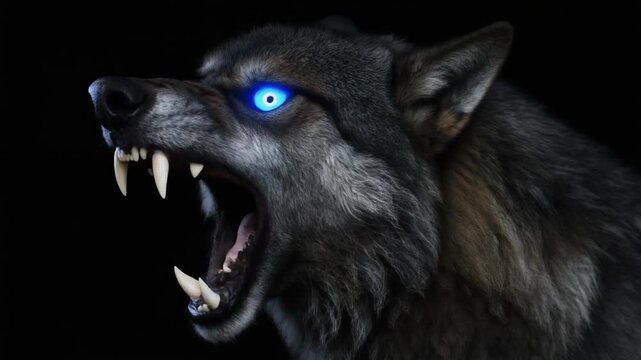 Werewolf snarls showing teeth with glowing blue eyes in darkness. Monster growls exposing fangs in profile. Werewolf creature with blue eyes snarling. Monster shows teeth growling in dark moonlight.