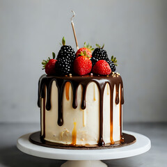 chocolate cake with strawberries, white background