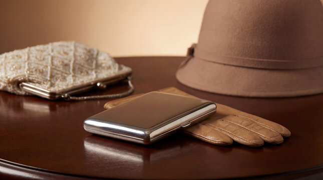 Vintage composition with early 20th-century ladies' accessories, including a cloche hat and a handbag