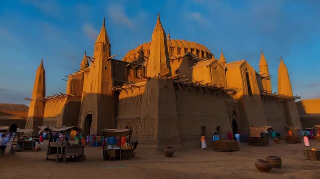 Time-lapse video of the Great Mosque featuring traditional mud architecture