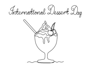 International dessert day.  Greeting card. Abstract sweet ice cream with cherry, continuous single one line art hand drawing sketch logo on white background