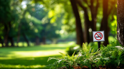 No smoking sign in park surrounded by trees on sunny day, outdoor public health regulation, smoke-free natural environment, defocused greenery background, with copy space