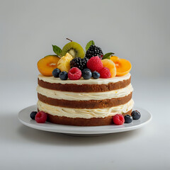 cake with fruits, white background