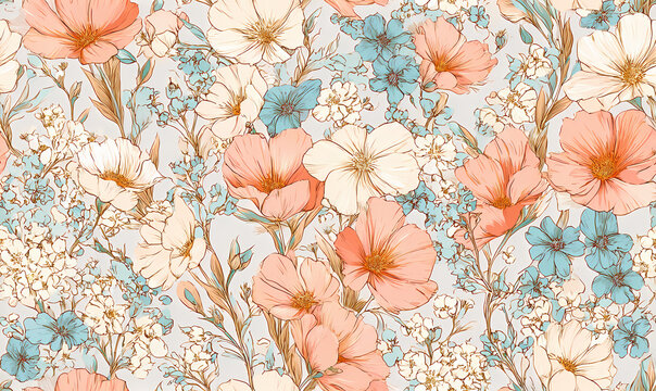 Elegant vintage floral pattern with peach and teal blossoms surface