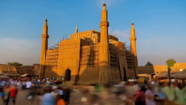 Time-lapse video of the Great Mosque featuring traditional mud architecture