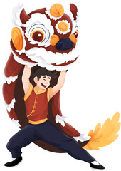 Man Performing a Chinese Lion Dance Illustration