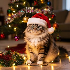 Cat wearing a Santa hat sits adorably on the floor