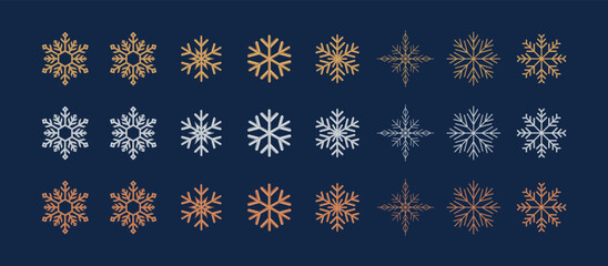 Snowflake icons. A set of snowflake icons in gold, silver, and copper colors on a blue background.