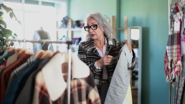 Mature woman in glasses standing in clothing store near hangers, she carefully chooses jackets and coats. Elderly woman came to the store to buy warm outerwear. High quality 4k footage
