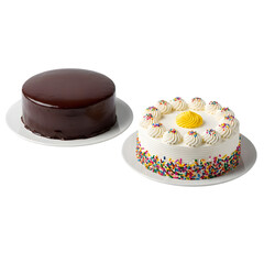 Elegant chocolate ganache and festive sprinkle-decorated vanilla cakes on white plates isolated on transparent background