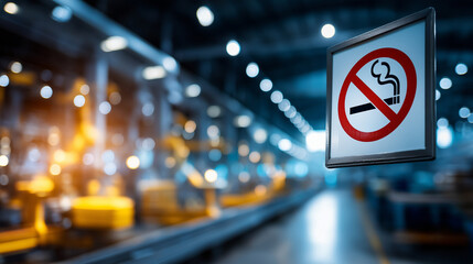 No smoking sign posted in industrial factory or warehouse area, workplace safety regulation, manufacturing facility health policy, defocused industrial background, with copy space