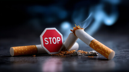 Stop smoking concept with two cigarettes forming cross shape and red stop sign, powerful anti-addiction visual, quit smoking symbolism, with copy space