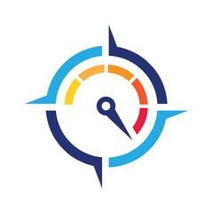 this is a flat logo design that depicts a compass in blue color with speedometer on the center in orange color combination 