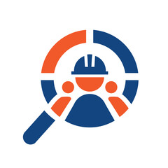 this is a flat logo design that depicts a magnifier in target shape with abstract worker on the center. It looks clean in orange and blue color and can be used for job search related logo  
