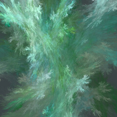 Abstract chaotic spaces from frozen crystal particles. Fractal small ice crystals, colorful painting texture. Grunge green magic hoarfrost background. Digital illustration