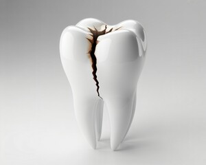  A realistic three-dimensional rendering shows a white molar tooth with a significant vertical crack.