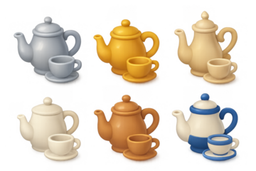 Elegant teaware icon collection featuring various colorful tea sets for design projects