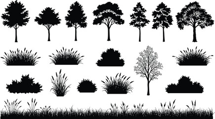 Tree silhouette, bush vector, grass illustration, black plant shapes, nature clipart, foliage icons, landscaping design, forest elements, botanical set