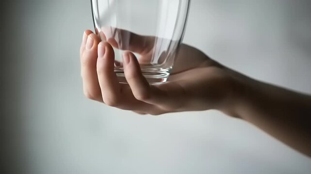 A hand holding an empty glass ready to be filled with a refreshing drink on a light background.