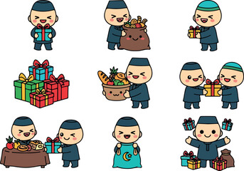 Festive Gifting Cartoon Muslims Exchanging Holiday Presents