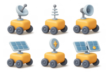 Futuristic rover icon set with satellite and solar panels for technology design and interfaces
