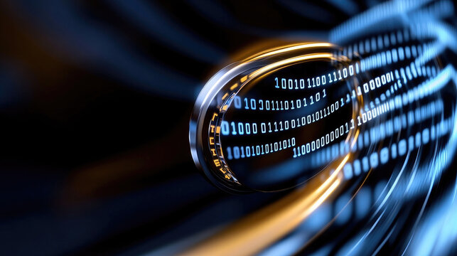 Futuristic control panel featuring a metallic toggle switch managing binary data flow, illuminated by glowing orange indicators on a dark, curved interface - Powered by Adobe