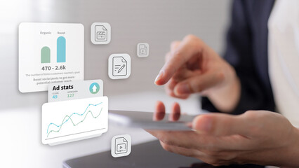 Professional adult Asian hands analyzing digital marketing ad stats performance data on mobile device display for business growth strategy