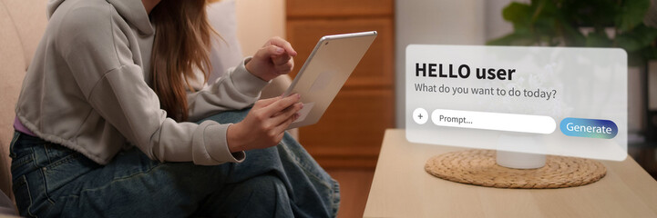 Asian adult female uses digital tablet engaging AI chatbot for creative prompt generation modern home environment online productivity convenient digital assistance