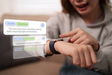 Young adult Asian woman managing daily schedule tasks productivity app on smartwatch wearable technology digital planning time management organization