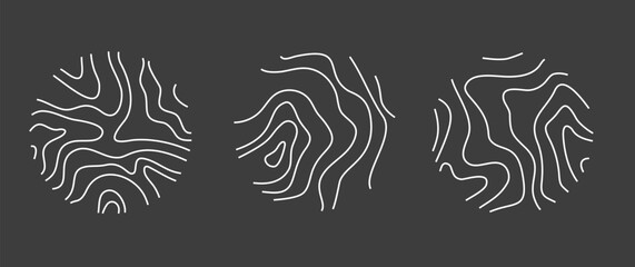 Abstract topographic map line background set . Circular wood rings logo set. Modern logo style terrain map illustration Wood section texture circles. Collection of patterns on dark background