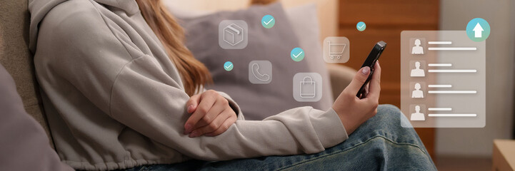 Adult Asian Woman Using Smartphone for Online Shopping and Digital Services Home Relaxed Environment Managing Mobile Apps