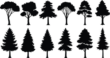 Tree silhouettes collection, black forest shapes, coniferous and deciduous trees, botanical design elements, nature icons, vector illustration, isolated foliage graphics © Arafat World
