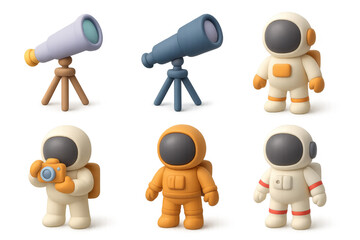 Charming cartoon space explorers with telescope and camera for creative design