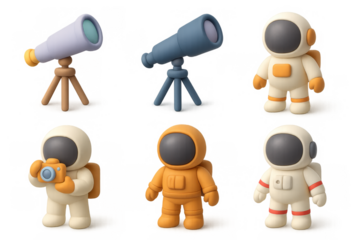 Charming cartoon space explorers with telescope and camera for creative design