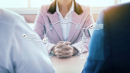 Asian adult woman business professional discussing corporate strategy planning growth ideas success in a modern office meeting room with colleagues collaboration