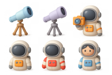 Cute astronaut icon set with telescopes and camera for space exploration themes