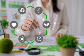 Adult hand pointing document circular sustainability icons planning environmental strategy business corporate social responsibility reporting