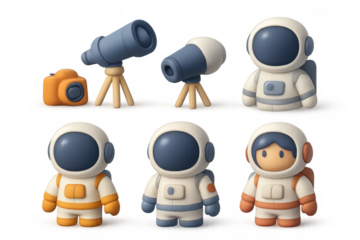 Adorable space explorer characters and icons for cosmic-themed designs
