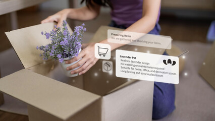 Asian adult woman pack decorative lavender pot cardboard box augmented reality interface ecommerce technology unboxing home move delivery customer experience