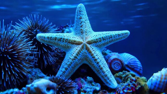 Brilliant blue starfish rests among vibrant sea urchins and colorful shells on a deep ocean coral reef floor illuminated by dramatic underwater lighting