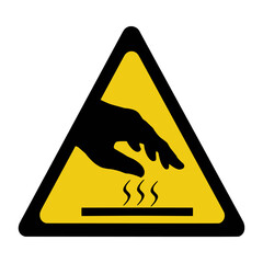 Warning sign with a hand over hot surface symbol, indicating burn hazard and high temperature risk in industrial, laboratory, or workplace environments.