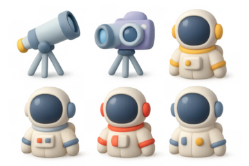 Collection of simple space icons with telescopes and astronaut characters for design and decoration
