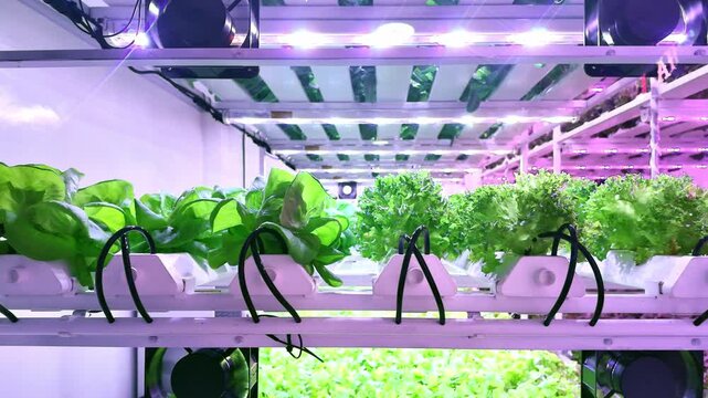 Indoor hydroponic vertical farm with lush green lettuce growing under pink LED grow lights, showcasing smart agriculture, eco food production, sustainability, and modern plant-based technology systems