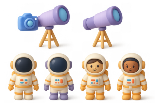 Cute illustrated space icons featuring astronauts and telescopes for digital design - Powered by Adobe