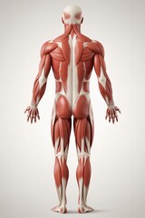  This detailed medical illustration displays the muscular anatomy of the human back. It highlights the various muscle groups, from the shoulders down to the legs, on a male figure.