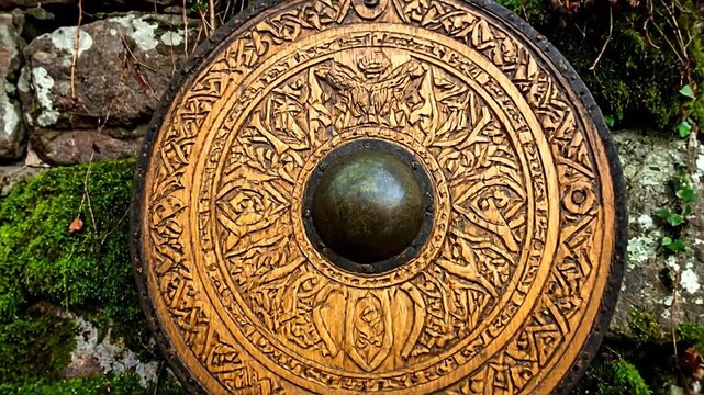 A circular wooden shield with intricate carvings, resting against a mossy stone wall
