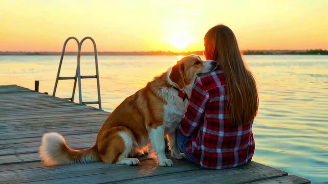 Young woman shares a tender moment with her loyal golden dog companion while watching a beautiful vibrant sunset over calm lake waters from a wooden dock