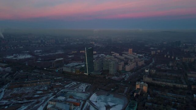Almaty Sunrise Over Esentai Mall and Al-Farabi Avenue &ndash; Modern Cityscape with Mountains at Dawn, Kazakhstan