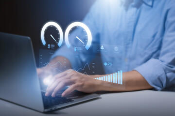 Super Fast internet connection speedtest bandwidth network technology, Man using Internet high speed by smartphone and laptop computer, 5G quality, speed optimization. performance, speed, test.