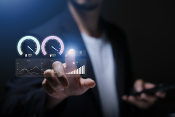 Super Fast internet connection speedtest bandwidth network technology, Man using Internet high speed by smartphone and laptop computer, 5G quality, speed optimization. performance, speed, test.